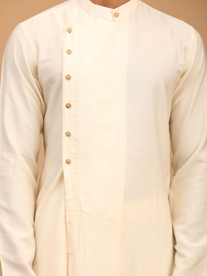 Men's Cream Viscose Blend Asymmetric Kurta  Pyjama & Dupatta Set