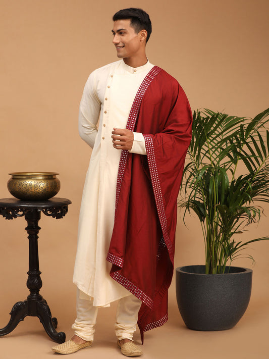 Men's Cream Viscose Blend Asymmetric Kurta  Pyjama & Dupatta Set