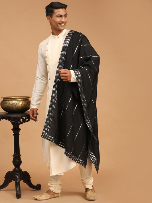 Men's Cream Viscose Blend Asymmetric Kurta  Pyjama & Dupatta Set