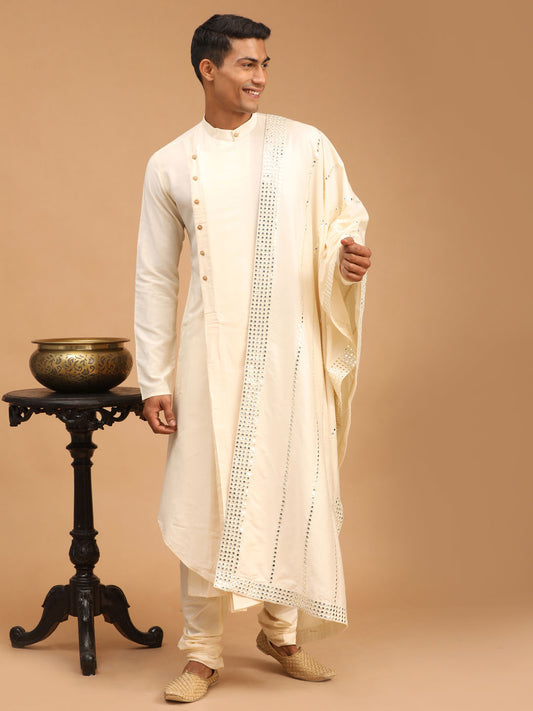 Men's Cream Viscose Blend Asymmetric Kurta  Pyjama & Dupatta Set