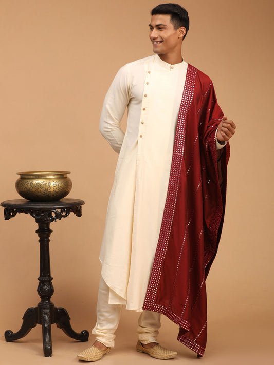 Men's Cream Viscose Blend Asymmetric Kurta  Pyjama & Dupatta Set