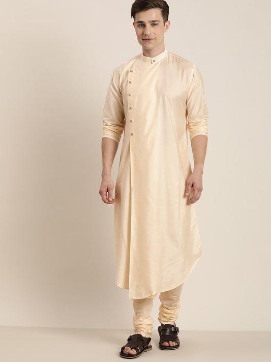Men's Cream Viscose Blend Asymmetric Kurta Pyjama Set