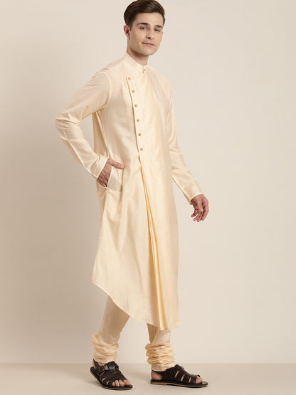 Men's Cream Viscose Blend Asymmetric Kurta Pyjama Set