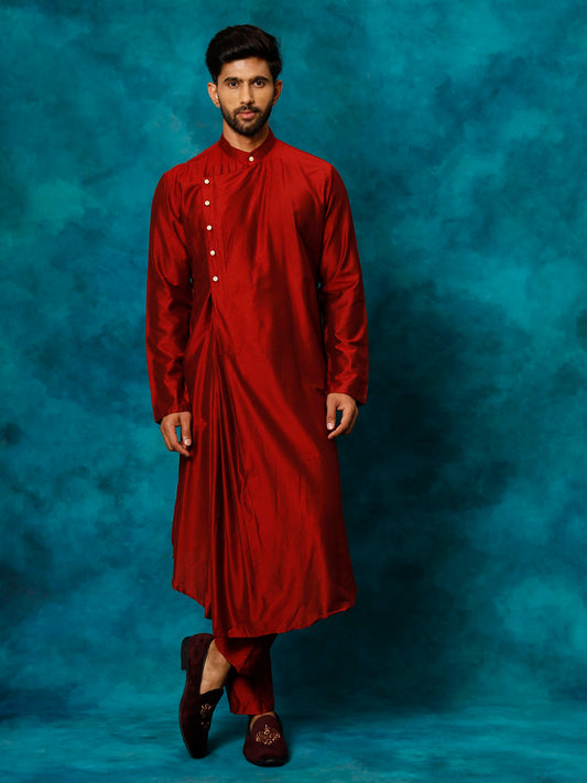 Men's Maroon Viscose Blend Asymmetric Kurta Pyjama Set