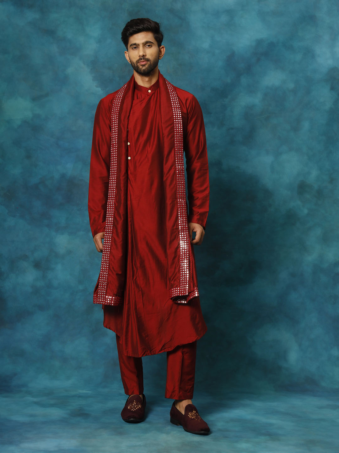 Men's Maroon Viscose Blend Asymmetric Kurta  Pyjama & Dupatta Set