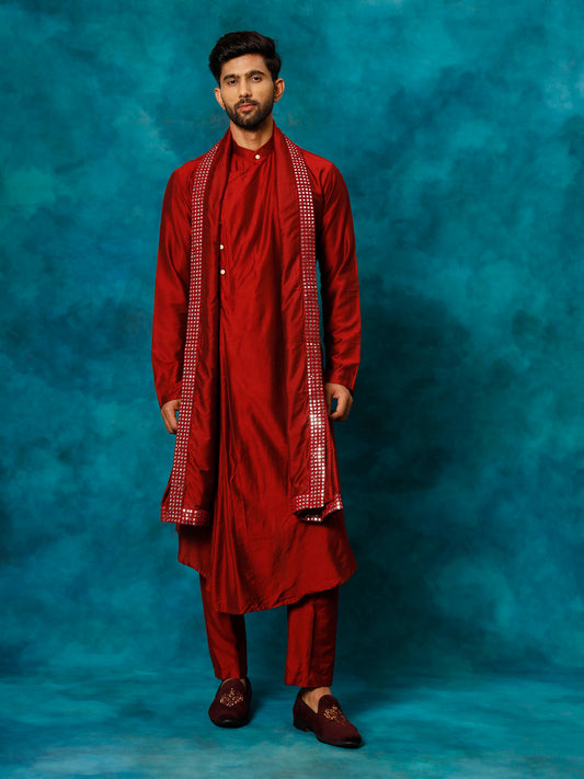 Men's Maroon Viscose Blend Asymmetric Kurta  Pyjama & Dupatta Set