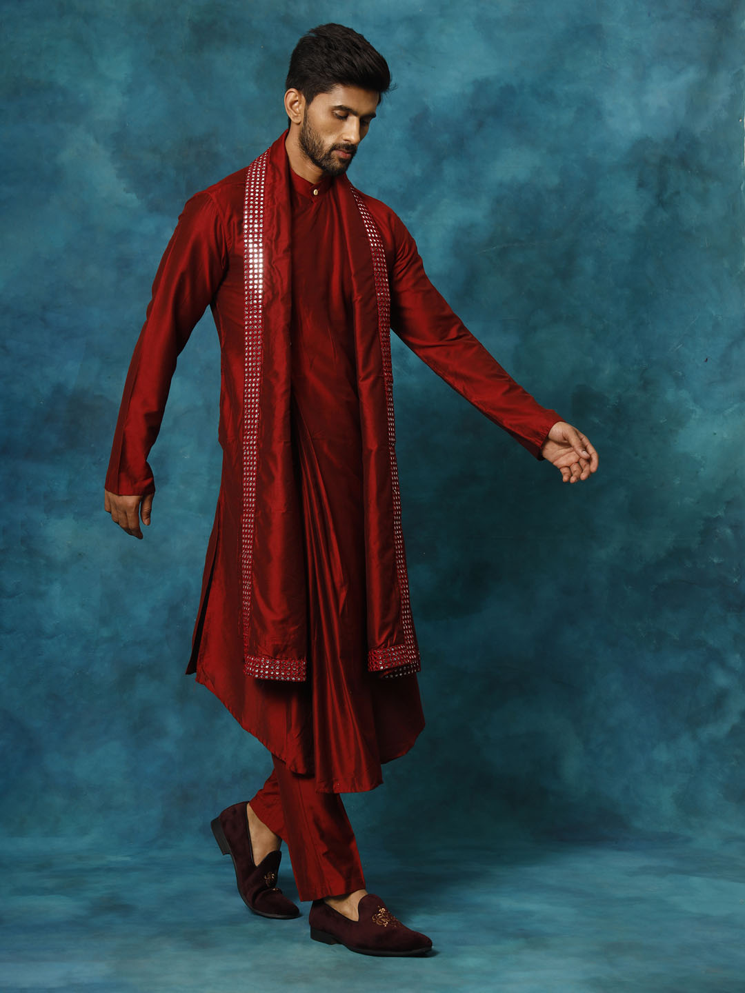 Men's Maroon Viscose Blend Asymmetric Kurta  Pyjama & Dupatta Set