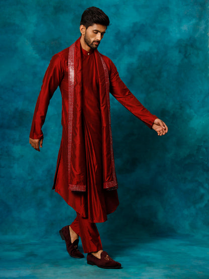Men's Maroon Viscose Blend Asymmetric Kurta  Pyjama & Dupatta Set