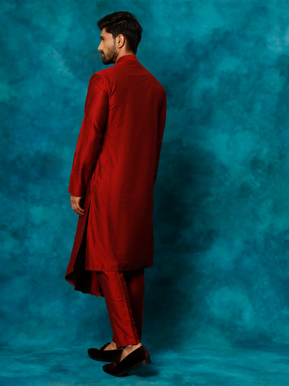 Men's Maroon Viscose Blend Asymmetric Kurta  Pyjama & Dupatta Set