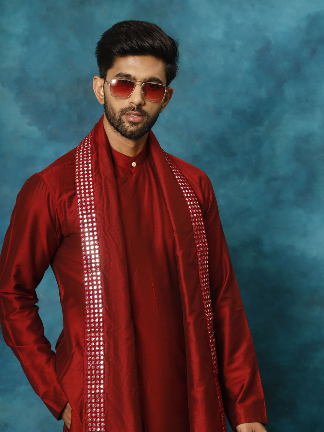 Men's Maroon Viscose Blend Asymmetric Kurta  Pyjama & Dupatta Set
