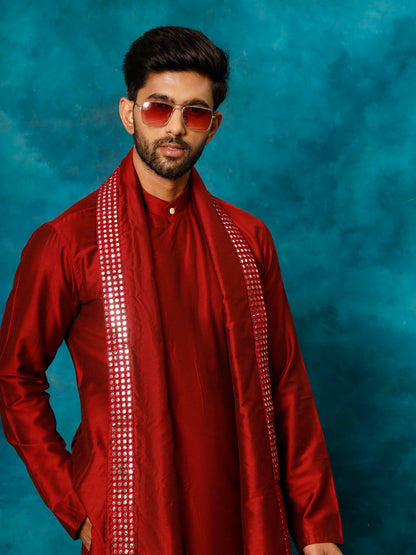 Men's Maroon Viscose Blend Asymmetric Kurta  Pyjama & Dupatta Set