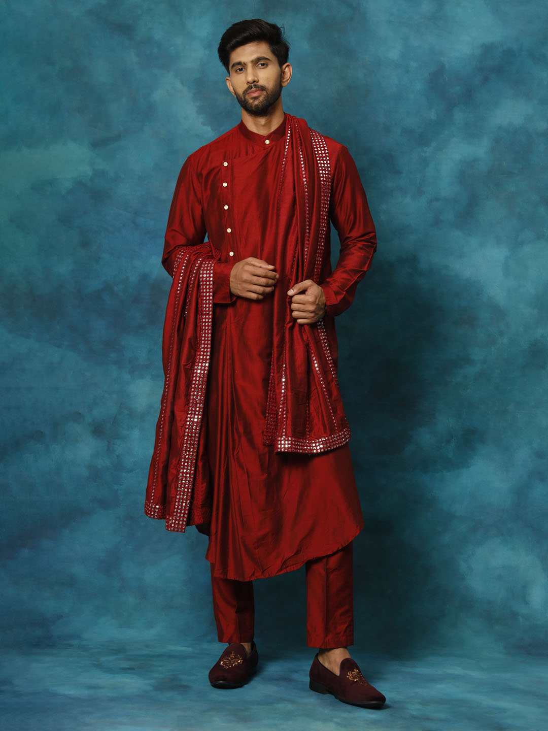 Men's Maroon Viscose Blend Asymmetric Kurta  Pyjama & Dupatta Set