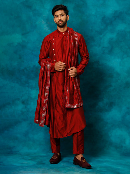 Men's Maroon Viscose Blend Asymmetric Kurta  Pyjama & Dupatta Set