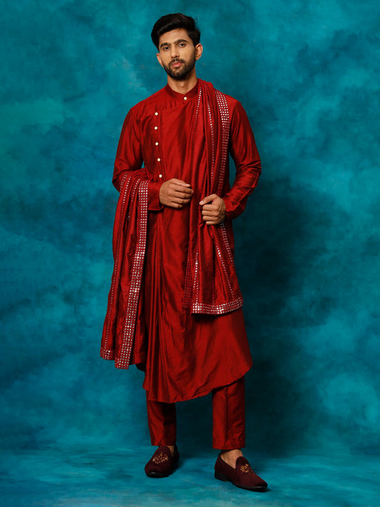 Men's Maroon Viscose Blend Asymmetric Kurta  Pyjama & Dupatta Set