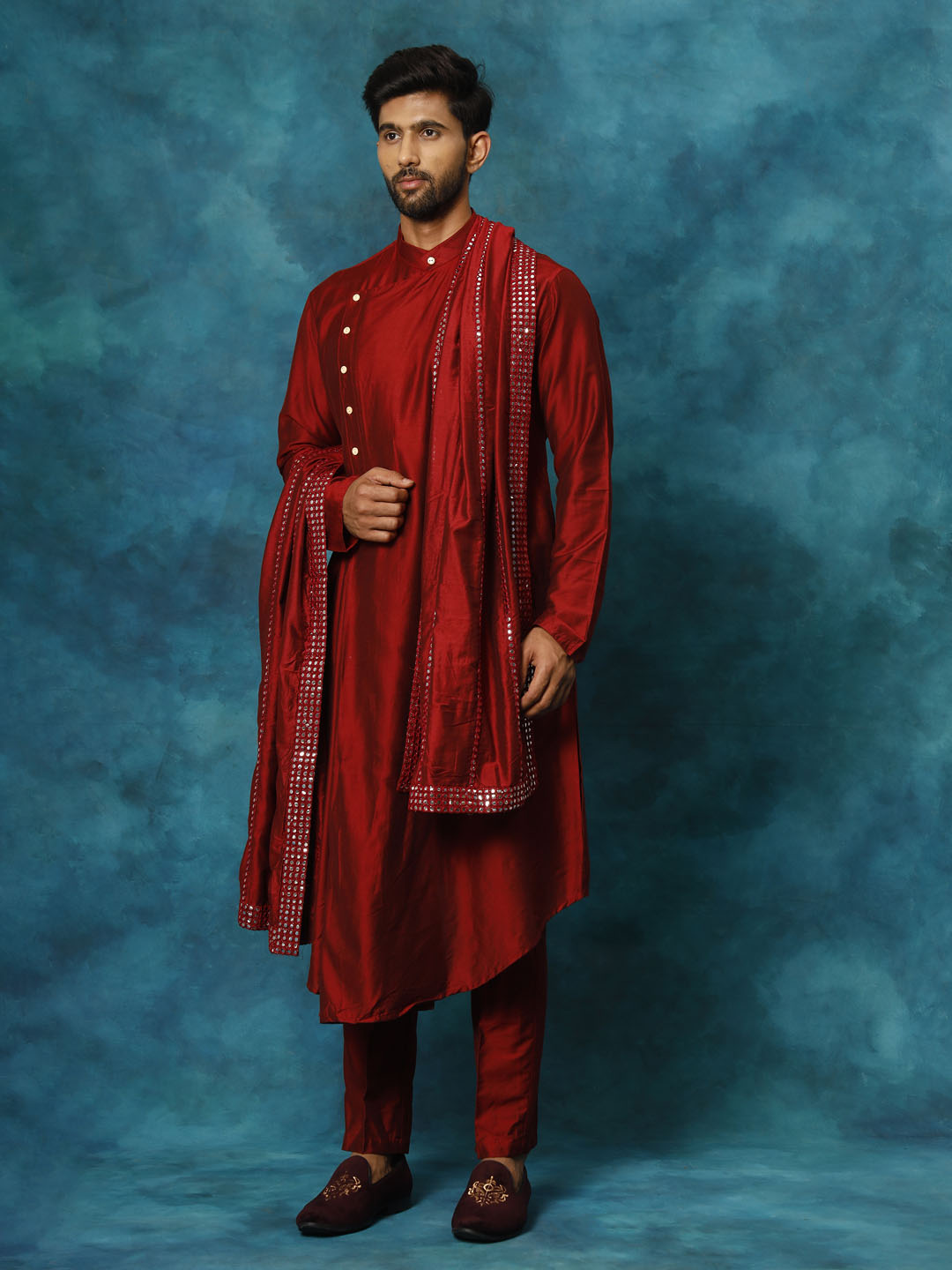 Men's Maroon Viscose Blend Asymmetric Kurta  Pyjama & Dupatta Set