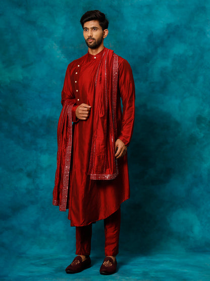 Men's Maroon Viscose Blend Asymmetric Kurta  Pyjama & Dupatta Set
