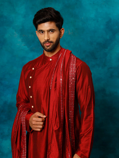 Men's Maroon Viscose Blend Asymmetric Kurta  Pyjama & Dupatta Set