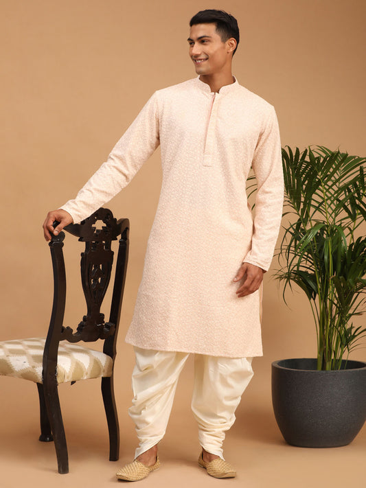 Men's Cream Georgette Straight Kurta and Dhoti Set