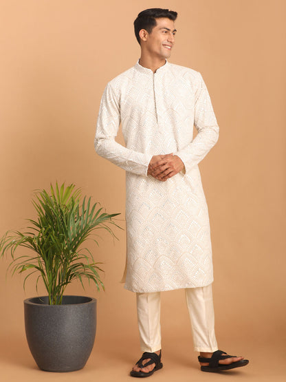 Men's Cream Georgette Straight Kurta Pyjama Set
