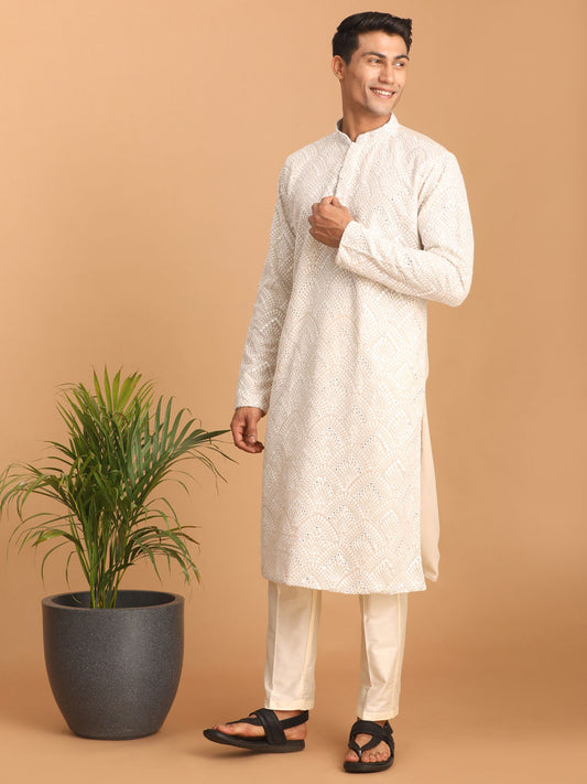 Men's Cream Georgette Straight Kurta Pyjama Set