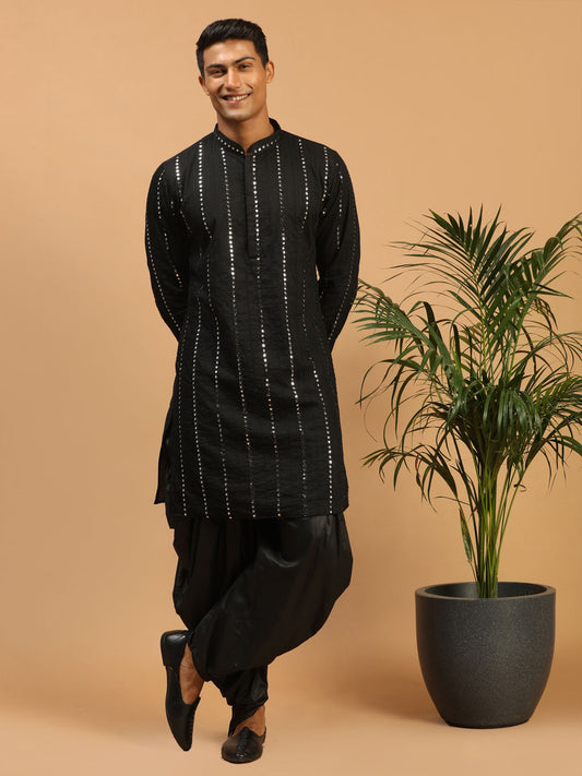 Men's Black Viscose Straight Kurta and Dhoti Set