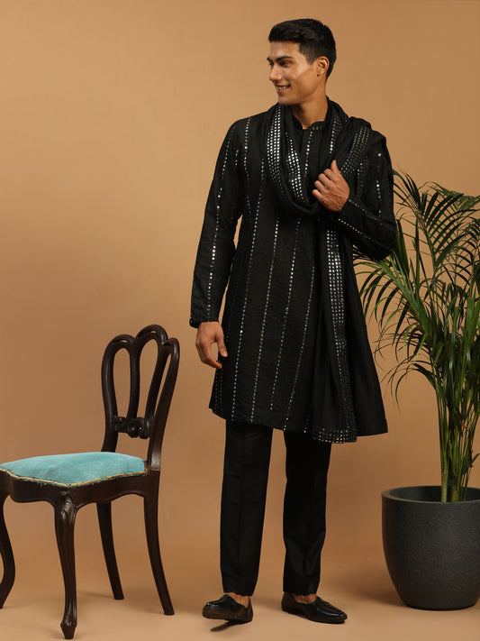 Men's Black Viscose Straight Kurta  Pyjama & Dupatta Set