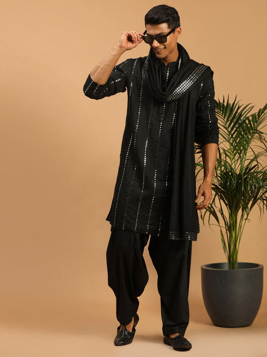 Men's Black Viscose Straight Kurta and Patiala Set