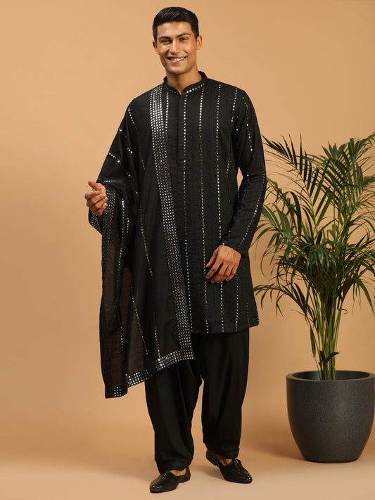 Men's Black Viscose Straight Kurta and Patiala Set
