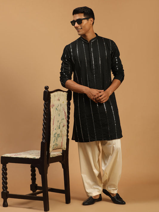 Men's Black Viscose Straight Kurta and Patiala Set