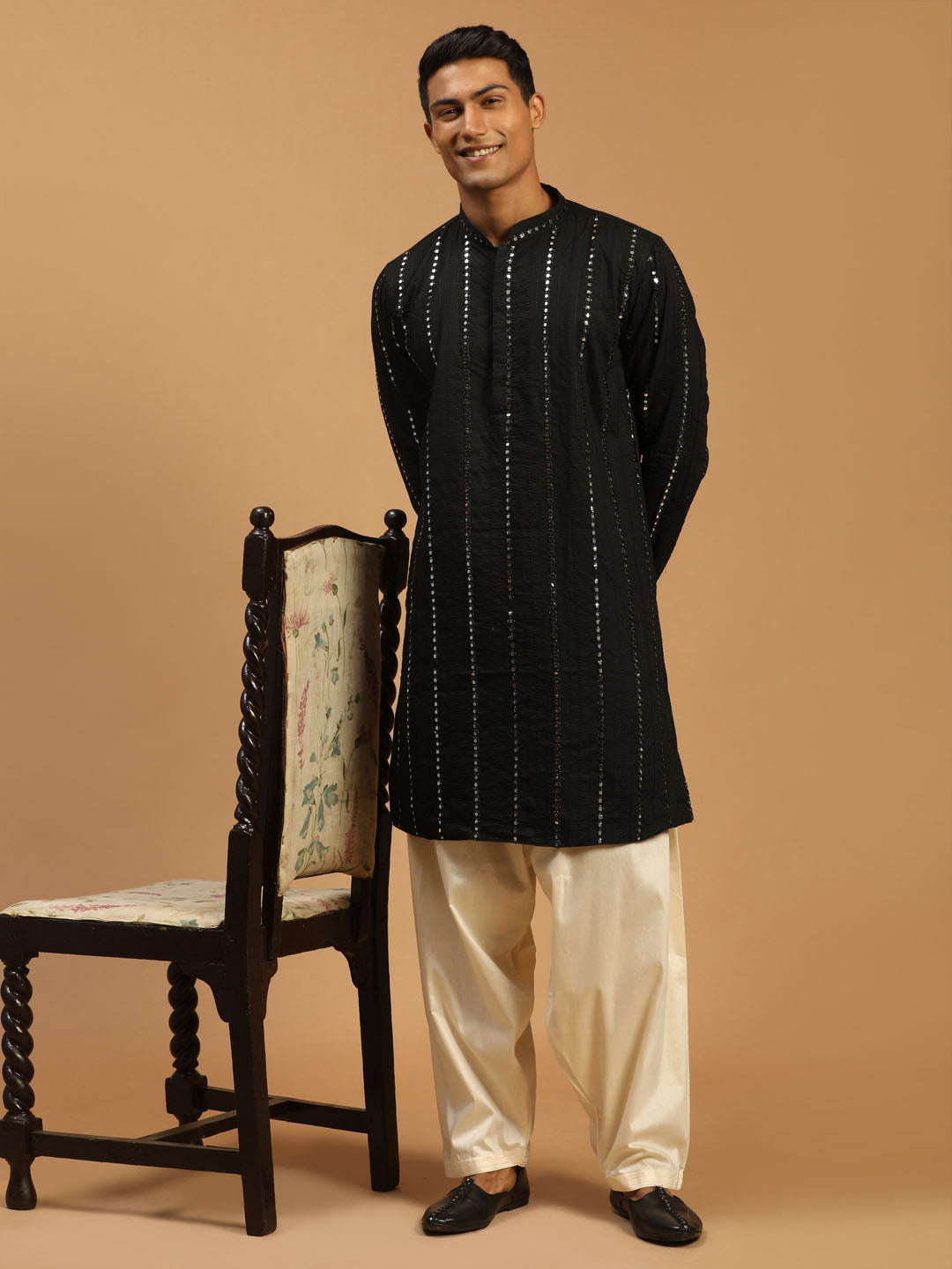 Men's Black Viscose Straight Kurta and Patiala Set