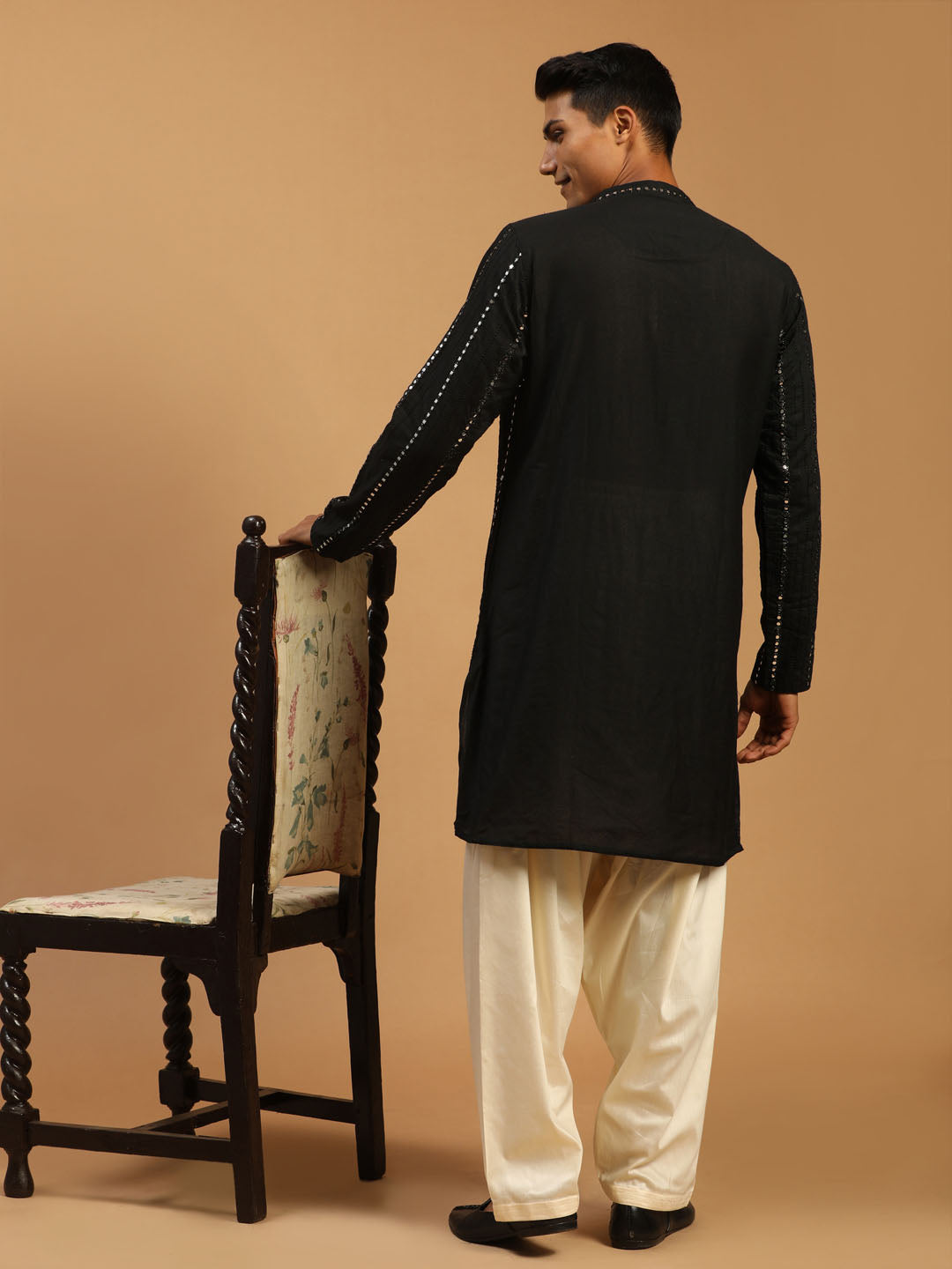 Men's Black Viscose Straight Kurta and Patiala Set