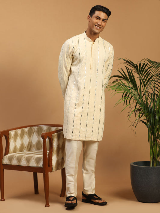 Men's Cream Viscose Straight Kurta Pyjama Set