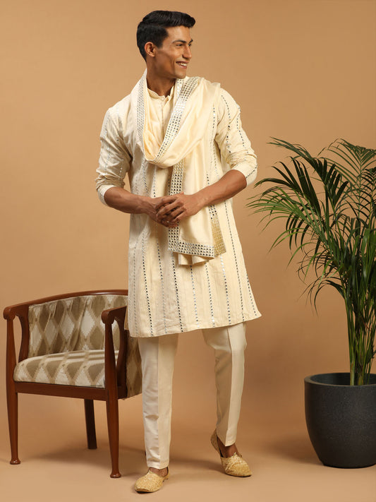 Men's Cream Viscose Straight Kurta  Pyjama & Dupatta Set