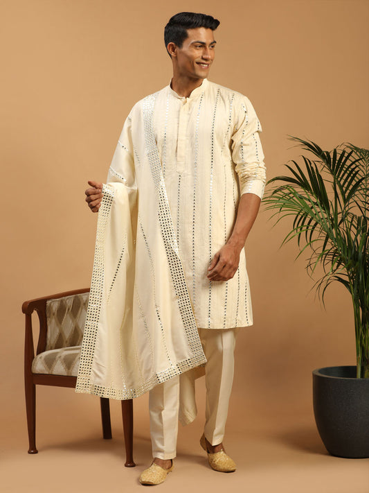 Men's Cream Viscose Straight Kurta  Pyjama & Dupatta Set