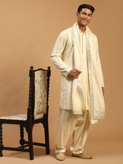 Men's Cream Viscose Straight Kurta and Patiala Set