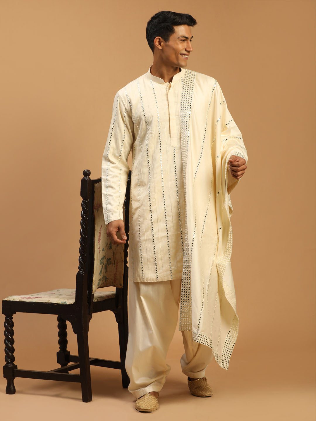 Men's Cream Viscose Straight Kurta and Patiala Set