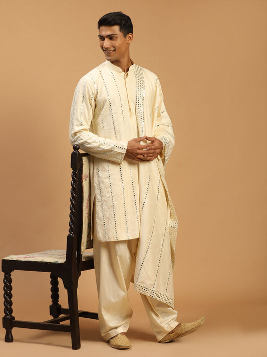 Men's Cream Viscose Straight Kurta and Patiala Set