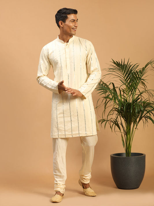 Men's Cream Viscose Straight Kurta Pyjama Set