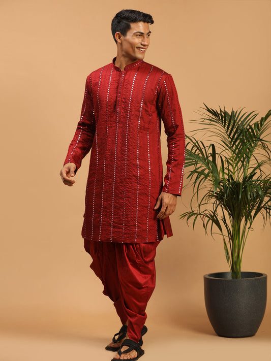 Men's Maroon Viscose Straight Kurta and Dhoti Set