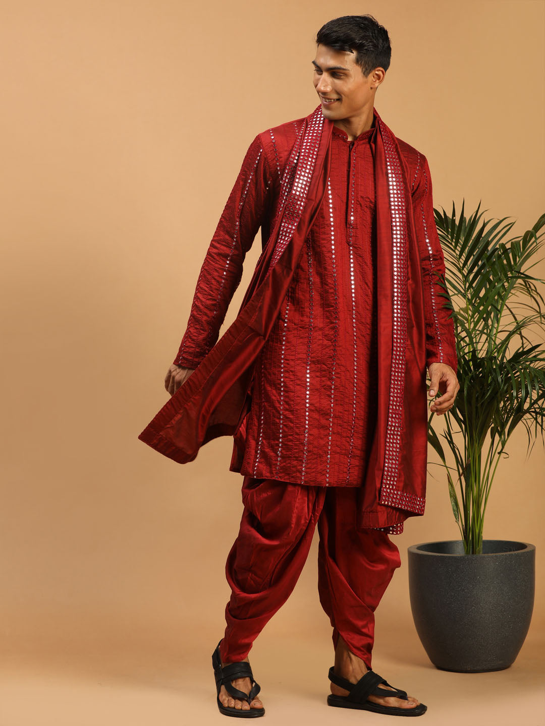 Men's Maroon Viscose Straight Kurta and Dhoti Set