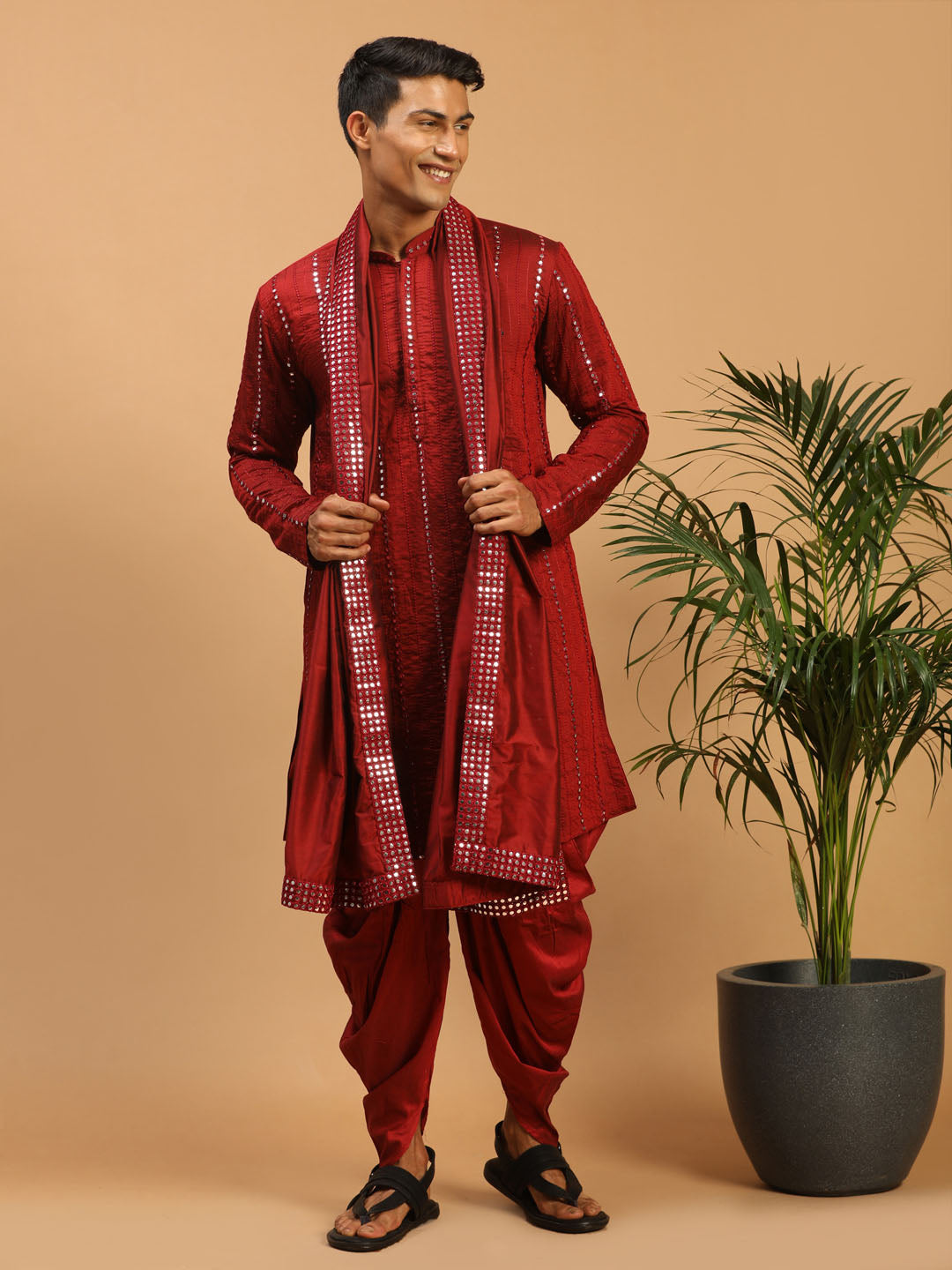 Men's Maroon Viscose Straight Kurta and Dhoti Set
