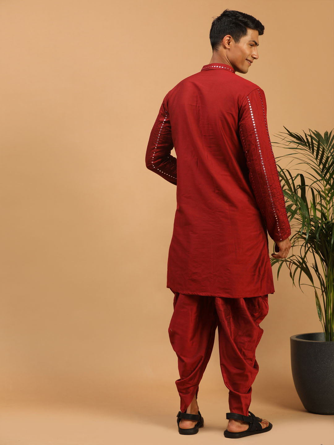 Men's Maroon Viscose Straight Kurta and Dhoti Set