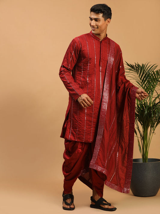 Men's Maroon Viscose Straight Kurta and Dhoti Set