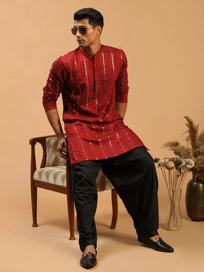 Men's Maroon Viscose Straight Kurta and Patiala Set
