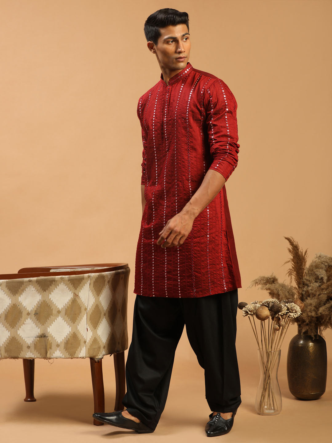 Men's Maroon Viscose Straight Kurta and Patiala Set