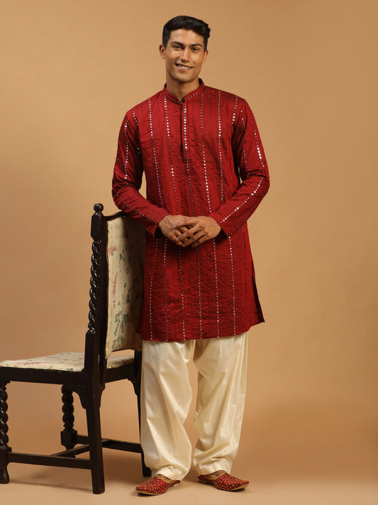 Men's Maroon Viscose Straight Kurta and Patiala Set