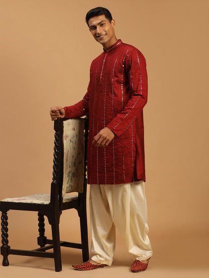 Men's Maroon Viscose Straight Kurta and Patiala Set