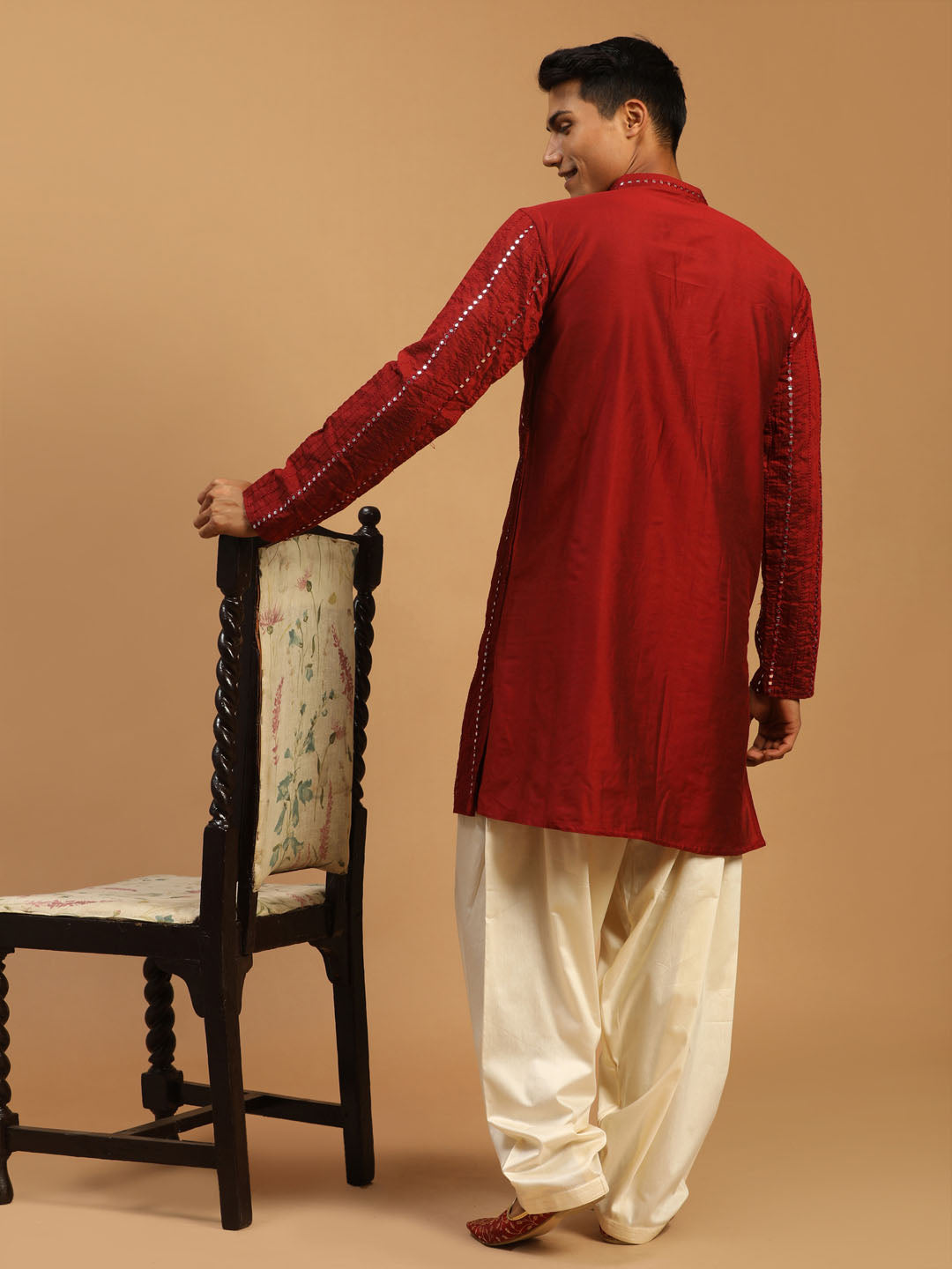 Men's Maroon Viscose Straight Kurta and Patiala Set