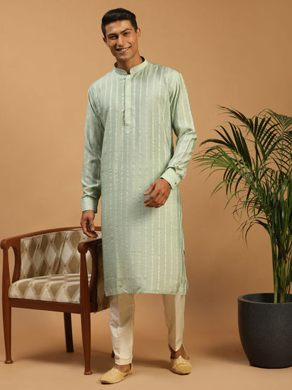 Men's Green Cotton Blend Straight Kurta Pyjama Set