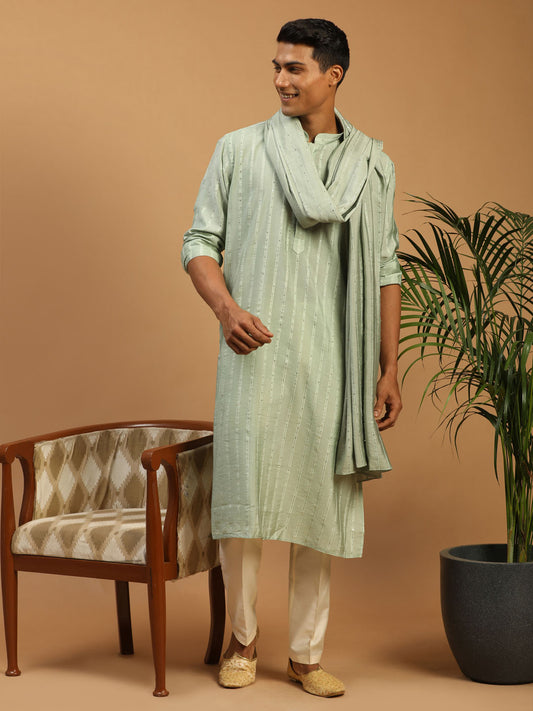 Men's Green Cotton Blend Straight Kurta  Pyjama & Dupatta Set